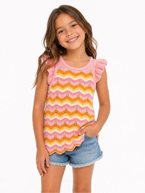Haute Hippie Girls Knit Shirt - Pink/Yellow/Orange - Chevron - Size 7/8y